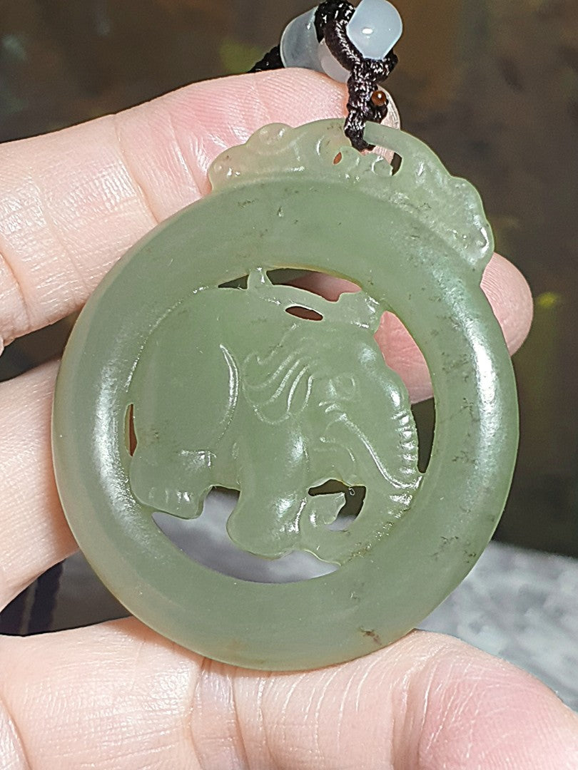 Premium Nephrite light greenish with some caramel brownish dots hollowed out & double-side carved Elephant Jade pendant (with certificate)和田玉且末青白带小许糖沁镂空双面雕刻大象吊坠(带证书)