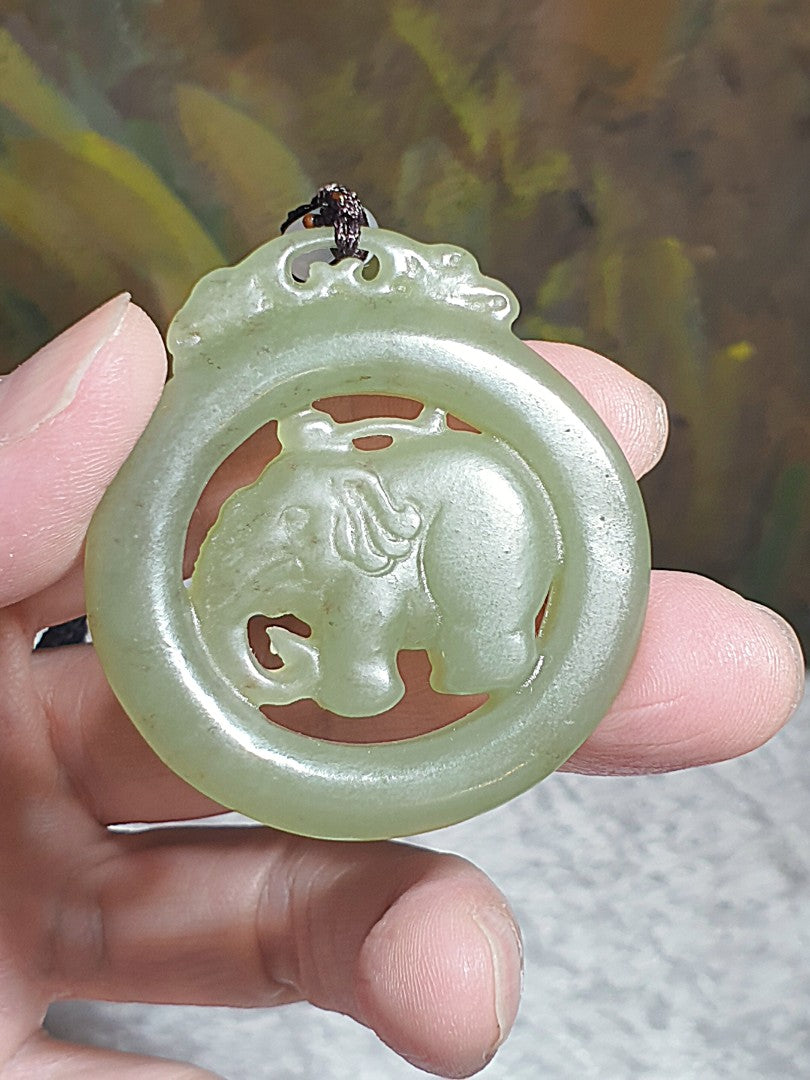 Premium Nephrite light greenish with some caramel brownish dots hollowed out & double-side carved Elephant Jade pendant (with certificate)和田玉且末青白带小许糖沁镂空双面雕刻大象吊坠(带证书)