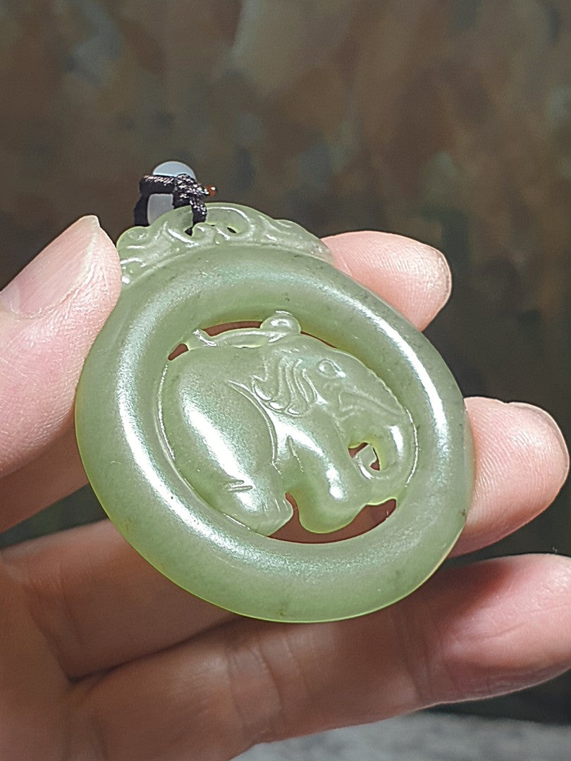 Premium Nephrite light greenish with some caramel brownish dots hollowed out & double-side carved Elephant Jade pendant (with certificate)和田玉且末青白带小许糖沁镂空双面雕刻大象吊坠(带证书)