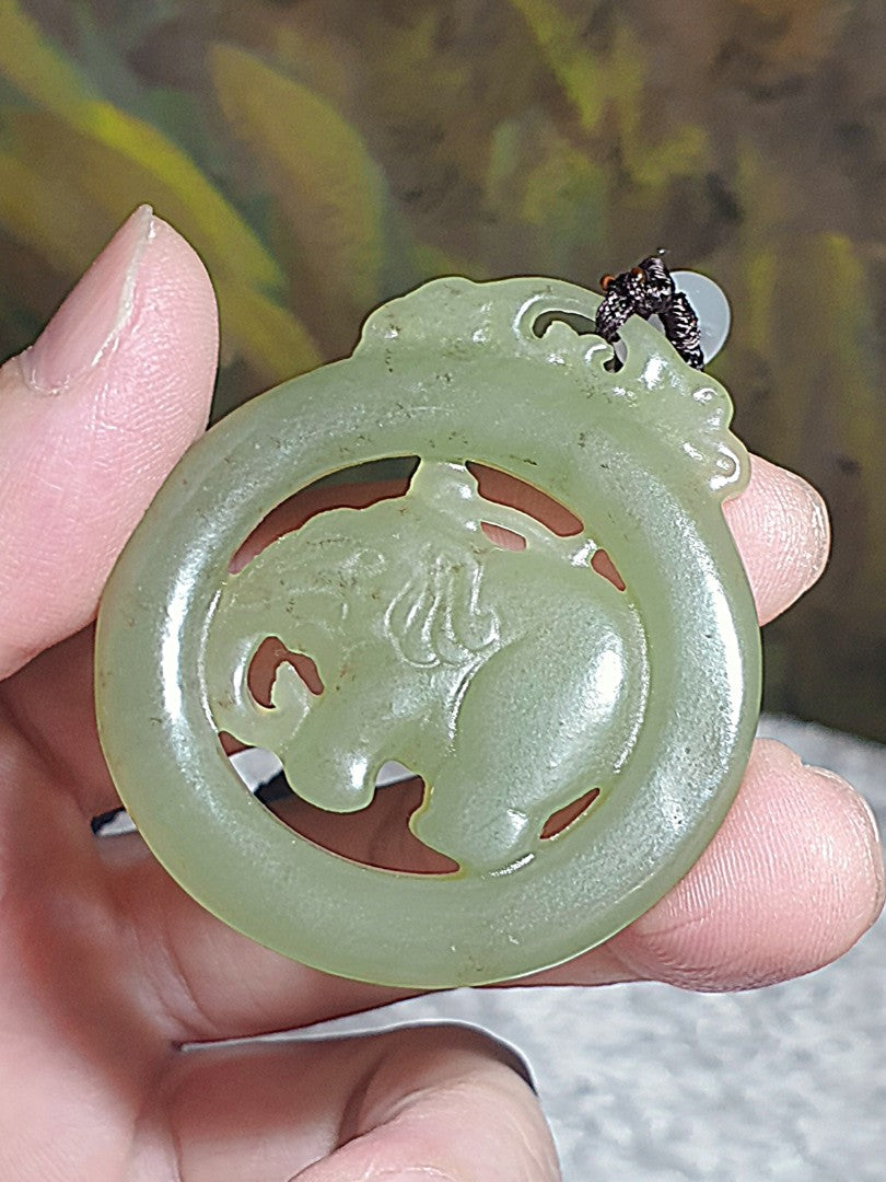 Premium Nephrite light greenish with some caramel brownish dots hollowed out & double-side carved Elephant Jade pendant (with certificate)和田玉且末青白带小许糖沁镂空双面雕刻大象吊坠(带证书)