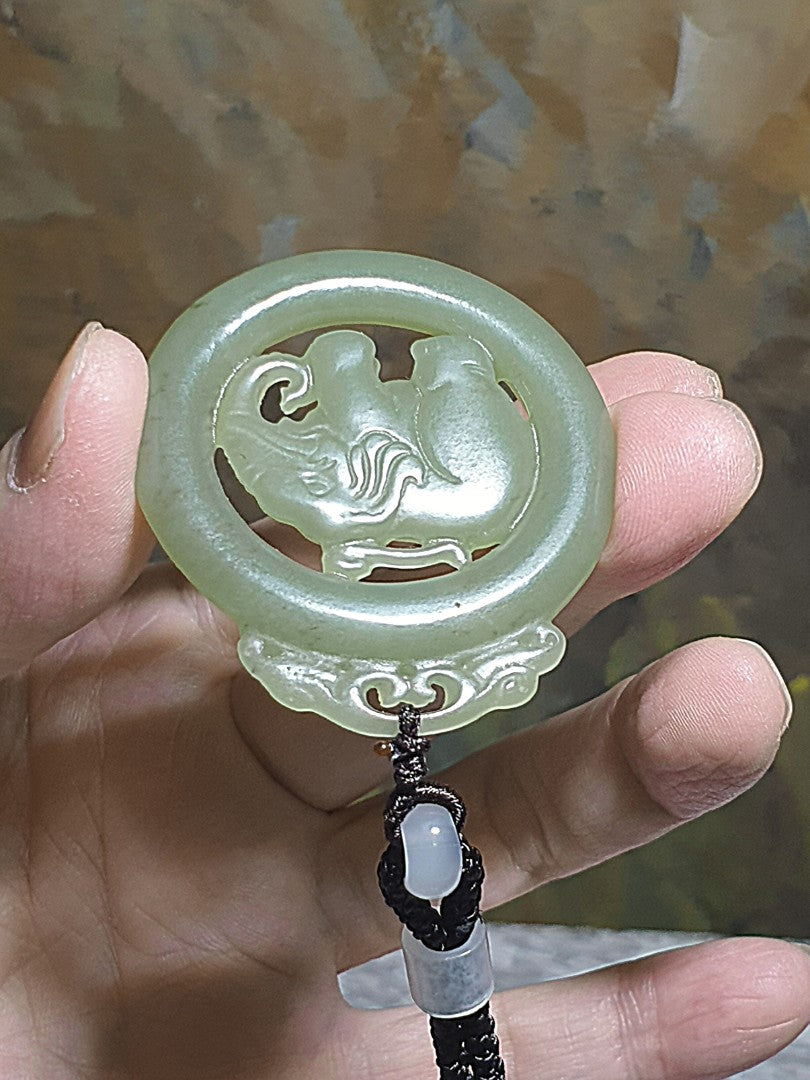 Premium Nephrite light greenish with some caramel brownish dots hollowed out & double-side carved Elephant Jade pendant (with certificate)和田玉且末青白带小许糖沁镂空双面雕刻大象吊坠(带证书)