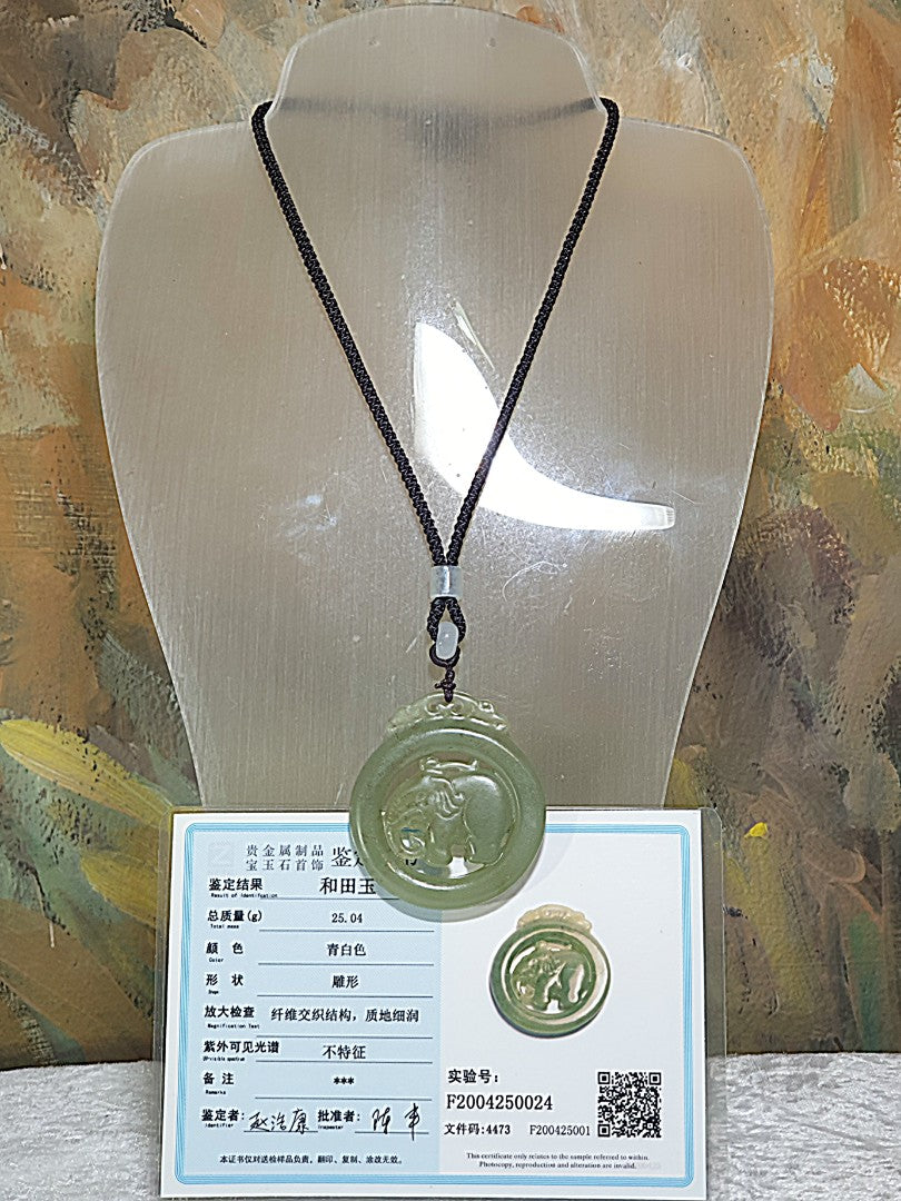 Premium Nephrite light greenish with some caramel brownish dots hollowed out & double-side carved Elephant Jade pendant (with certificate)和田玉且末青白带小许糖沁镂空双面雕刻大象吊坠(带证书)