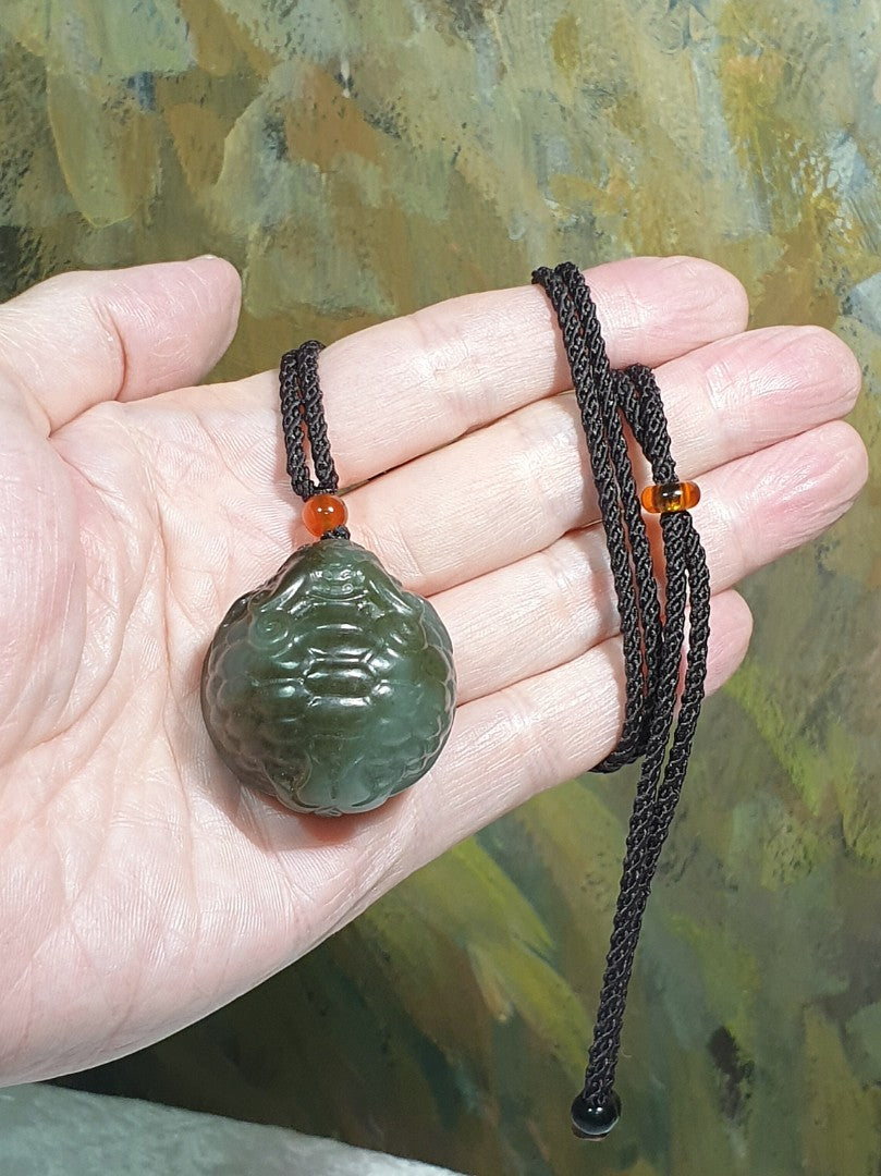Premium Nephrite 2 tones bluish green caramel brown hand carved Dragon-Tortoise Jade pendant/handheld (with certificate) 和田玉且末蓝调青白糖双色全手工雕刻龙龟吊坠/手把(带证书)