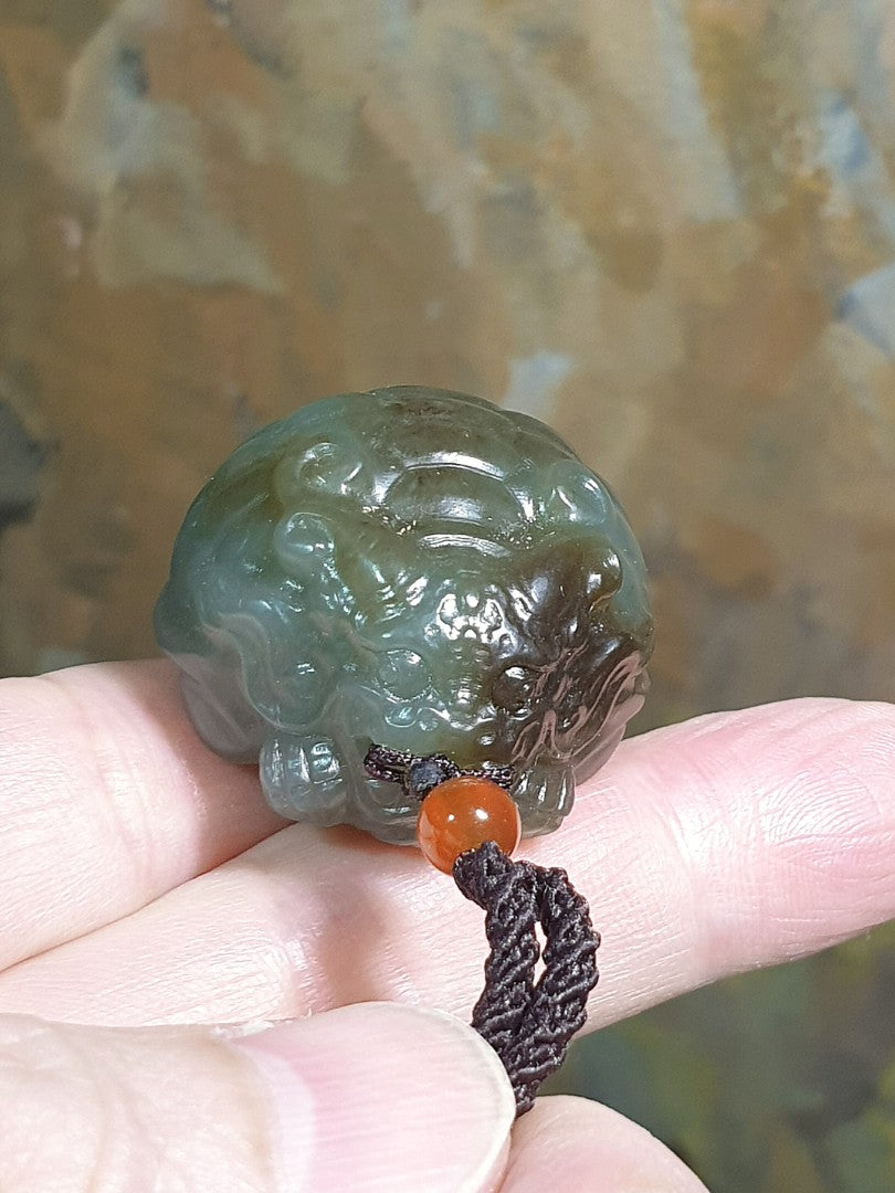 Premium Nephrite 2 tones bluish green caramel brown hand carved Dragon-Tortoise Jade pendant/handheld (with certificate) 和田玉且末蓝调青白糖双色全手工雕刻龙龟吊坠/手把(带证书)