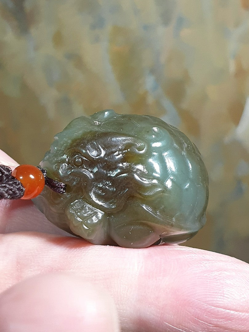 Premium Nephrite 2 tones bluish green caramel brown hand carved Dragon-Tortoise Jade pendant/handheld (with certificate) 和田玉且末蓝调青白糖双色全手工雕刻龙龟吊坠/手把(带证书)