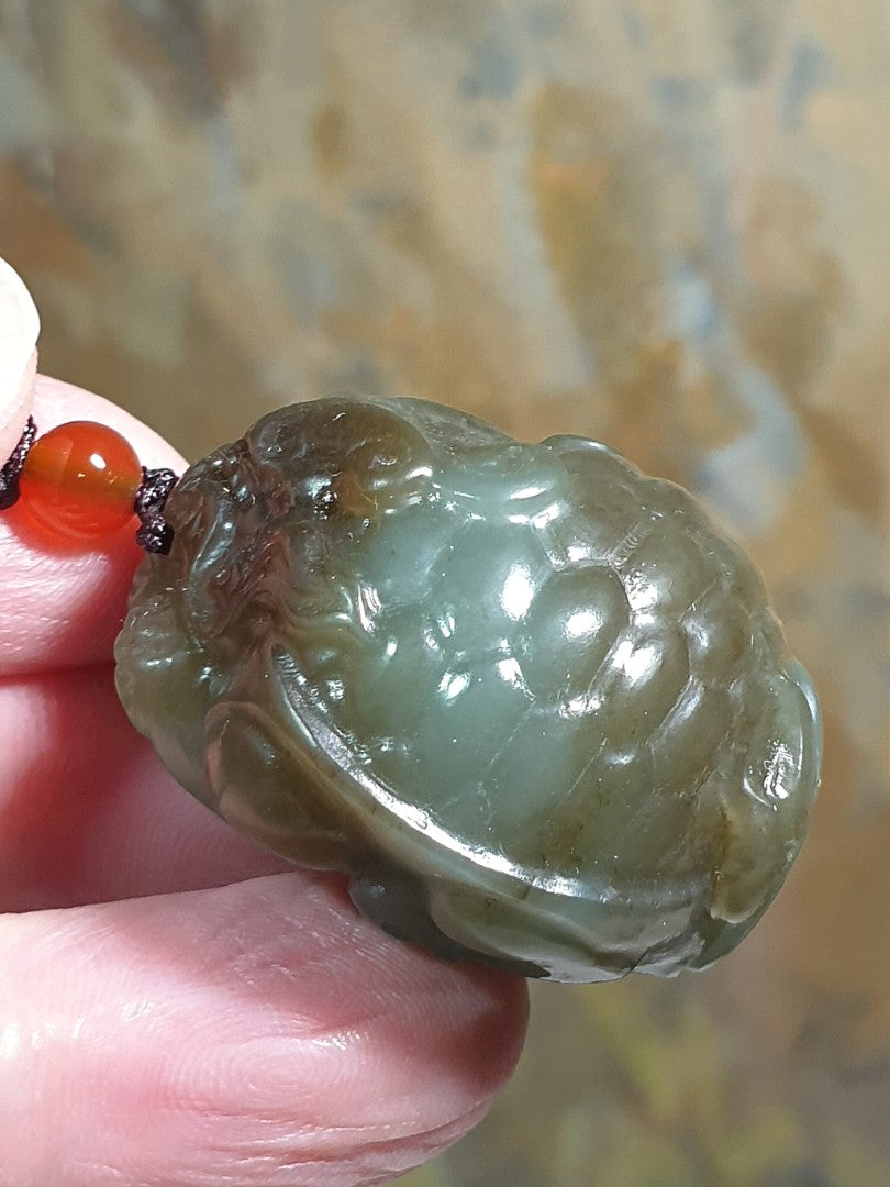 Premium Nephrite 2 tones bluish green caramel brown hand carved Dragon-Tortoise Jade pendant/handheld (with certificate) 和田玉且末蓝调青白糖双色全手工雕刻龙龟吊坠/手把(带证书)