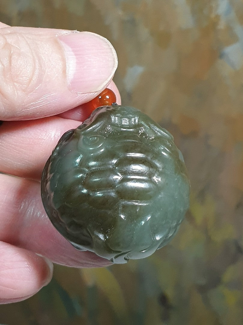 Premium Nephrite 2 tones bluish green caramel brown hand carved Dragon-Tortoise Jade pendant/handheld (with certificate) 和田玉且末蓝调青白糖双色全手工雕刻龙龟吊坠/手把(带证书)