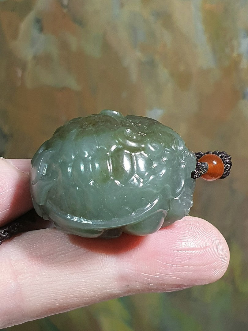 Premium Nephrite 2 tones bluish green caramel brown hand carved Dragon-Tortoise Jade pendant/handheld (with certificate) 和田玉且末蓝调青白糖双色全手工雕刻龙龟吊坠/手把(带证书)