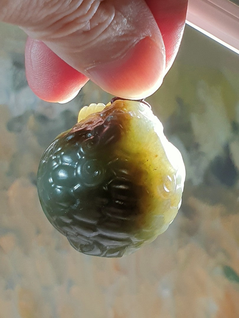 Premium Nephrite 2 tones bluish green caramel brown hand carved Dragon-Tortoise Jade pendant/handheld (with certificate) 和田玉且末蓝调青白糖双色全手工雕刻龙龟吊坠/手把(带证书)