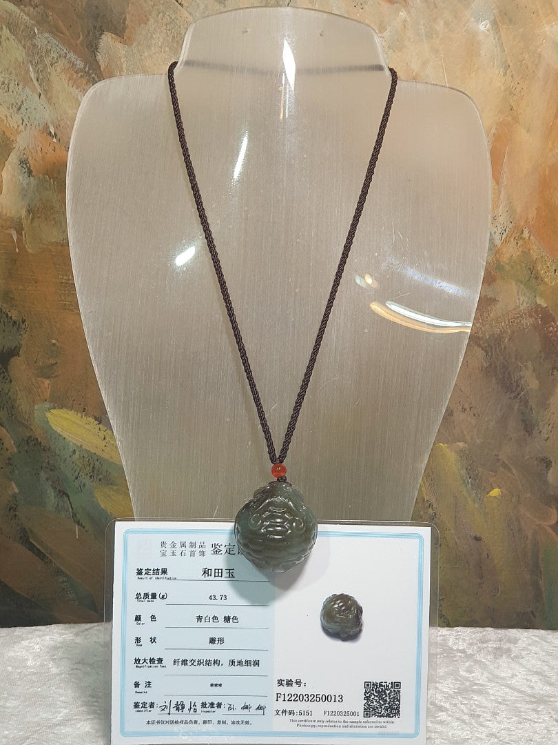 Premium Nephrite 2 tones bluish green caramel brown hand carved Dragon-Tortoise Jade pendant/handheld (with certificate) 和田玉且末蓝调青白糖双色全手工雕刻龙龟吊坠/手把(带证书)