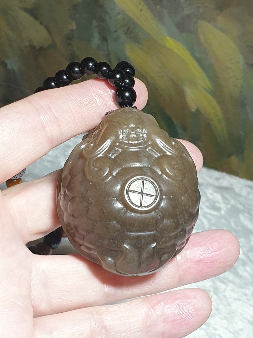 130 grams large size premium Nephrite old yellowish caramel brown hand carved Dragon-Tortoise Jade handheld/display (with certificate) 130克大尺寸和田玉且末老黄糖全手工雕刻龙龟手把/摆件/茶宠(带证书)