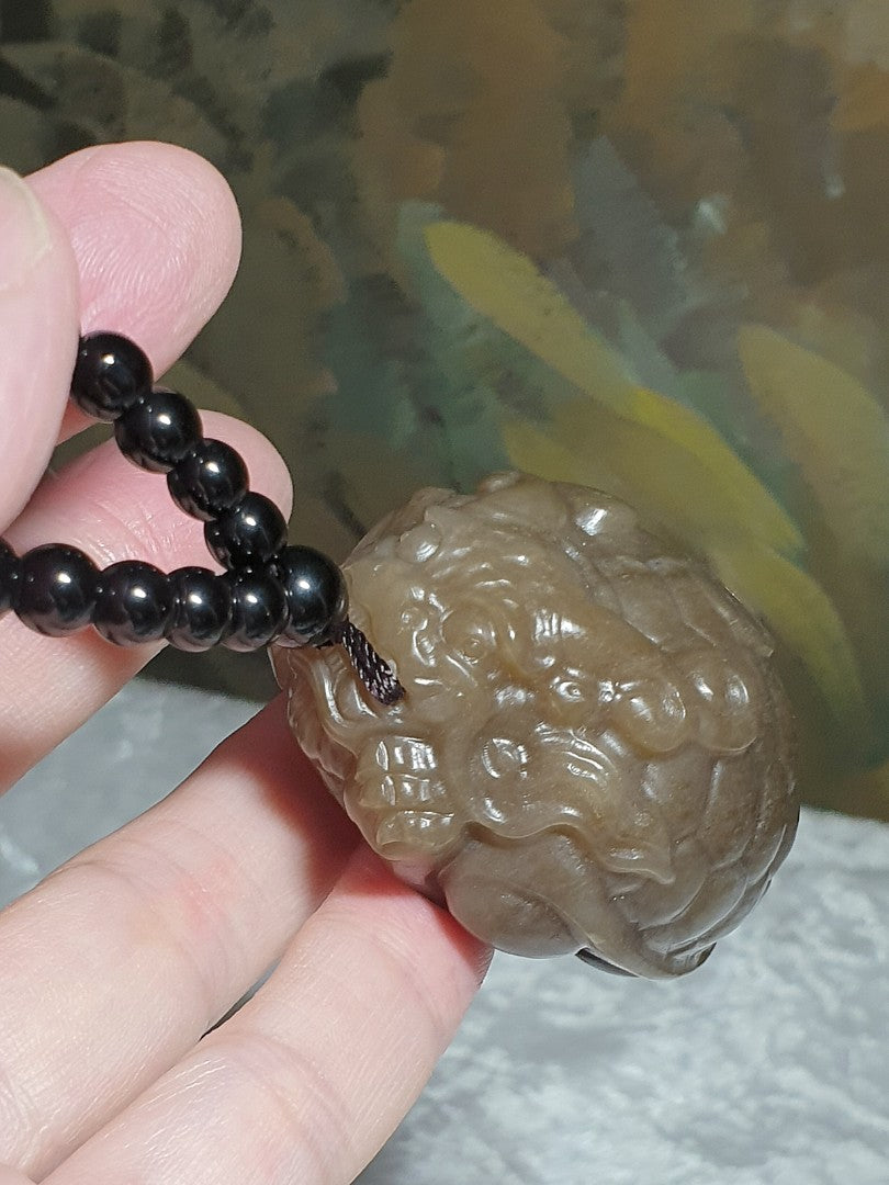 130 grams large size premium Nephrite old yellowish caramel brown hand carved Dragon-Tortoise Jade handheld/display (with certificate) 130克大尺寸和田玉且末老黄糖全手工雕刻龙龟手把/摆件/茶宠(带证书)