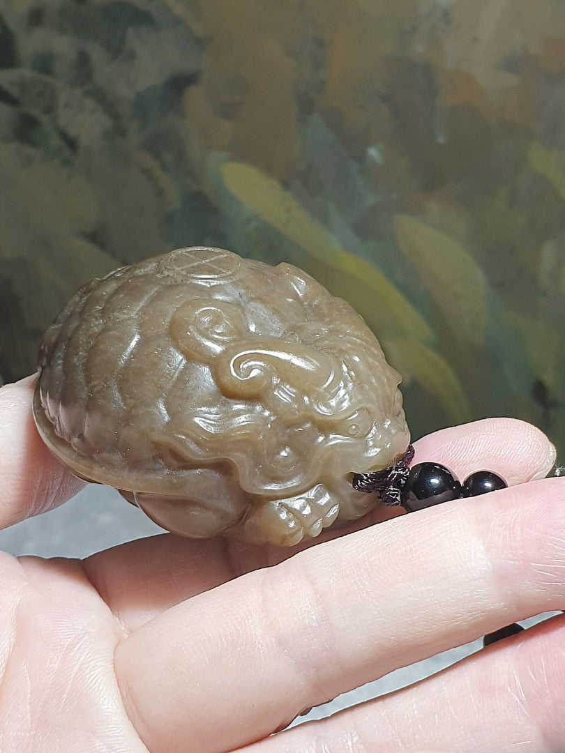 130 grams large size premium Nephrite old yellowish caramel brown hand carved Dragon-Tortoise Jade handheld/display (with certificate) 130克大尺寸和田玉且末老黄糖全手工雕刻龙龟手把/摆件/茶宠(带证书)
