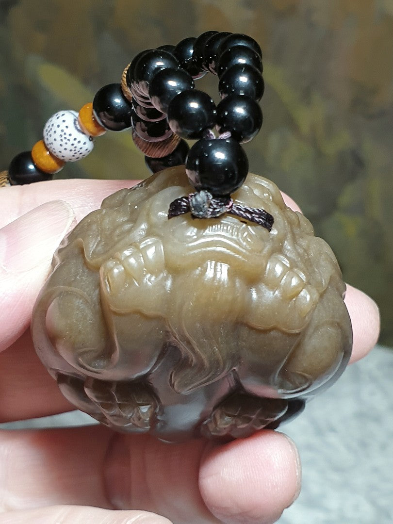 130 grams large size premium Nephrite old yellowish caramel brown hand carved Dragon-Tortoise Jade handheld/display (with certificate) 130克大尺寸和田玉且末老黄糖全手工雕刻龙龟手把/摆件/茶宠(带证书)