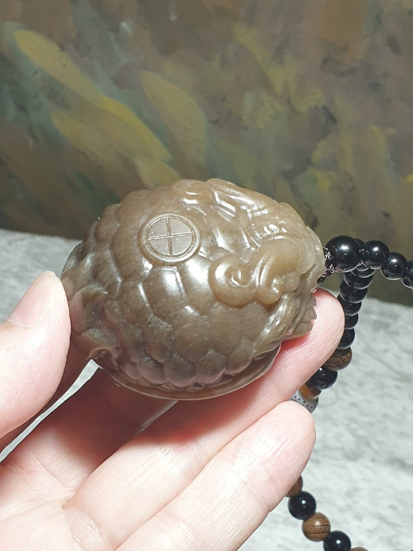 130 grams large size premium Nephrite old yellowish caramel brown hand carved Dragon-Tortoise Jade handheld/display (with certificate) 130克大尺寸和田玉且末老黄糖全手工雕刻龙龟手把/摆件/茶宠(带证书)