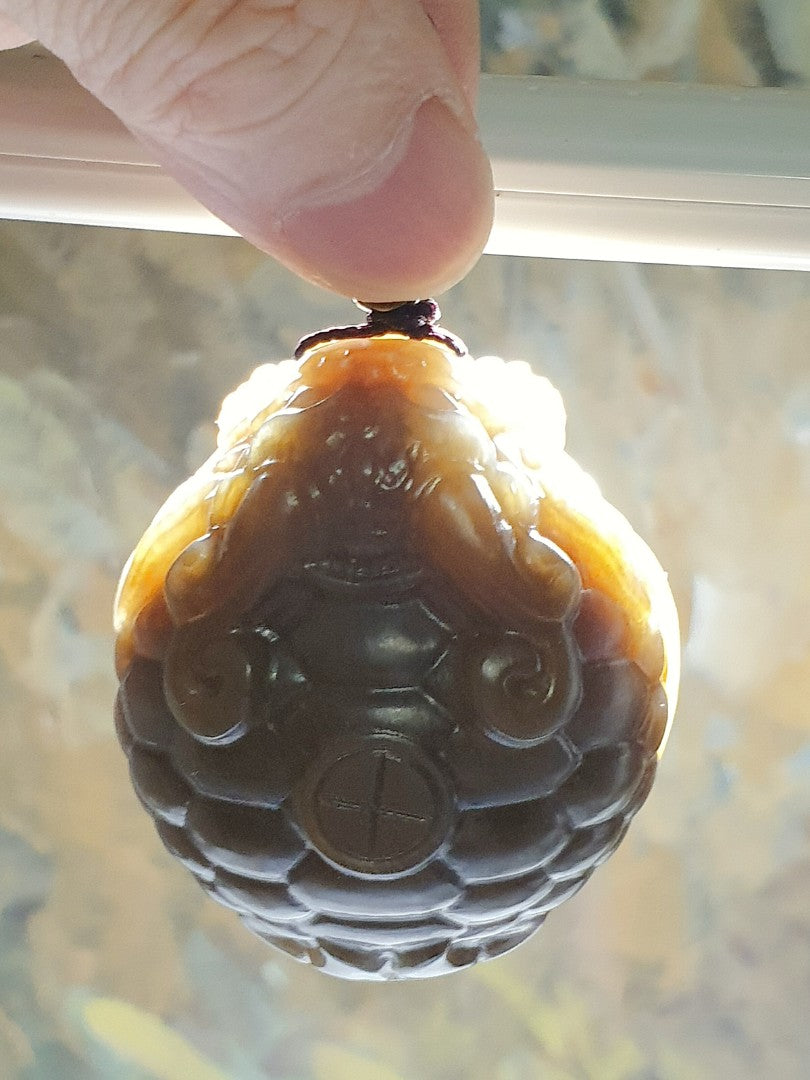 130 grams large size premium Nephrite old yellowish caramel brown hand carved Dragon-Tortoise Jade handheld/display (with certificate) 130克大尺寸和田玉且末老黄糖全手工雕刻龙龟手把/摆件/茶宠(带证书)