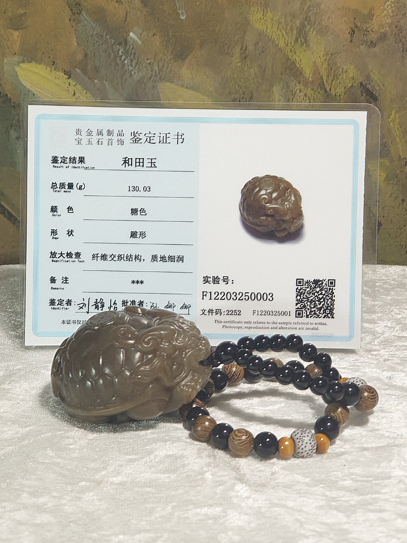 130 grams large size premium Nephrite old yellowish caramel brown hand carved Dragon-Tortoise Jade handheld/display (with certificate) 130克大尺寸和田玉且末老黄糖全手工雕刻龙龟手把/摆件/茶宠(带证书)