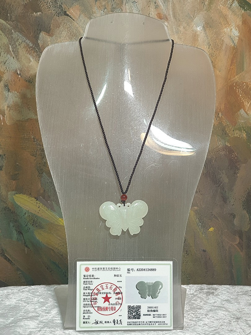 Nephrite whitish light greenish hand carved Butterfly Jade pendant (with certificate) 和田玉高青白手工雕刻蝴蝶吊坠(带证书)