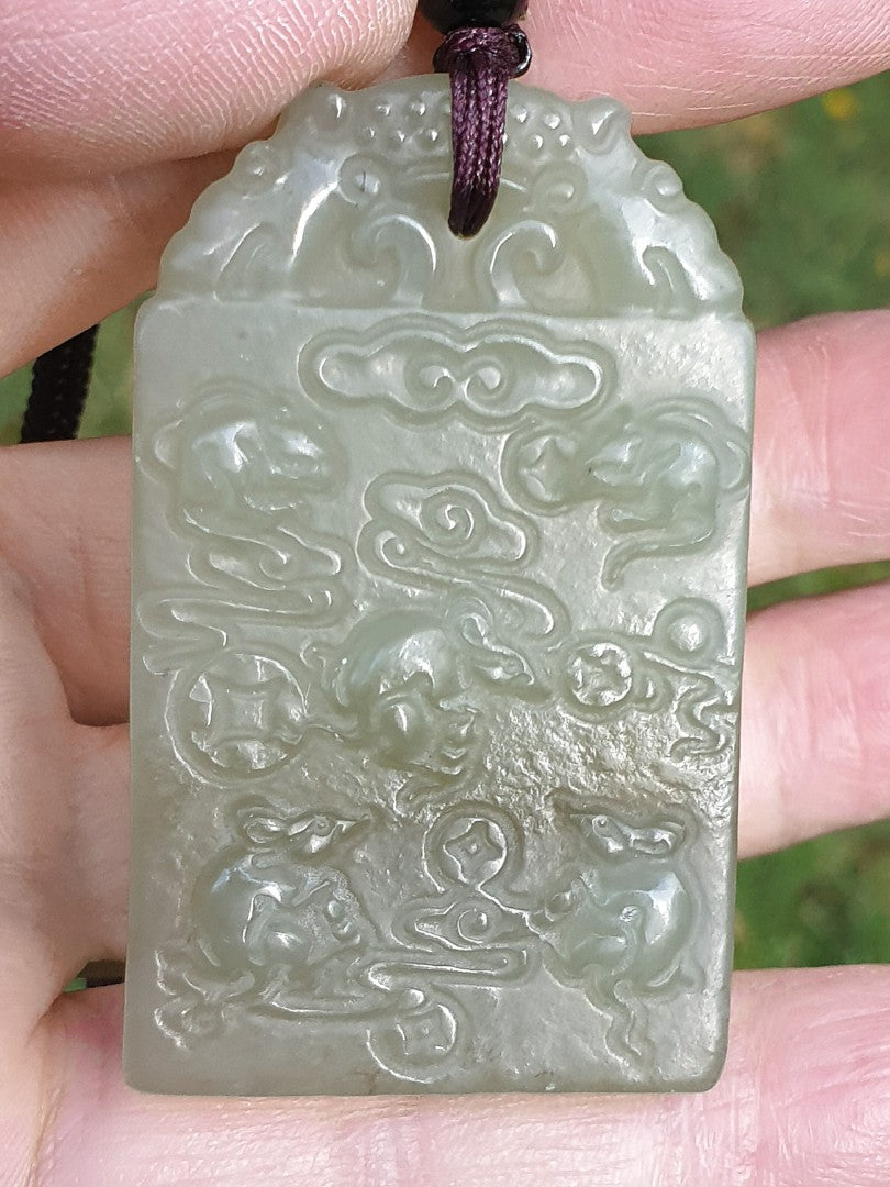 Natural Nephrite smoky greenish with smoky purplish 5 rats & Chinese ancient coins Jade pendant (with certificate) 和田玉烟青带烟紫五鼠铜钱(五鼠运财/五子登科)吊坠(带证书)