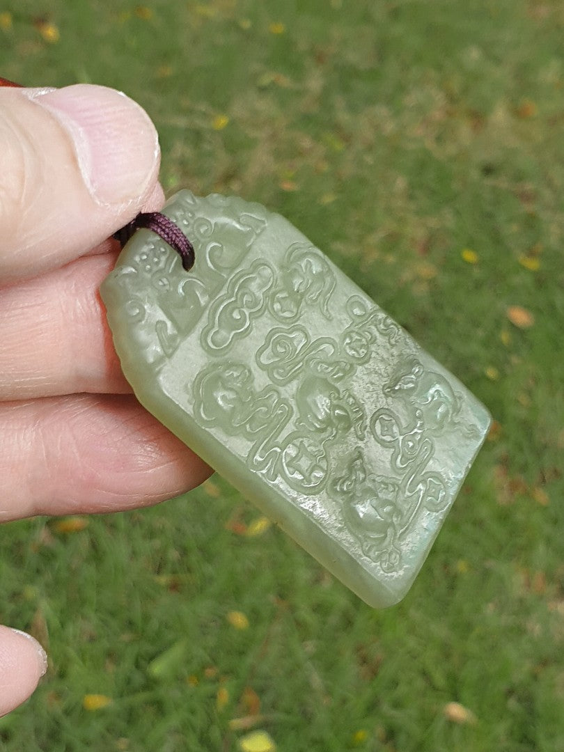 Natural Nephrite smoky greenish with smoky purplish 5 rats & Chinese ancient coins Jade pendant (with certificate) 和田玉烟青带烟紫五鼠铜钱(五鼠运财/五子登科)吊坠(带证书)
