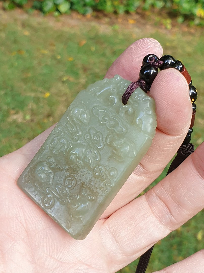 Natural Nephrite smoky greenish with smoky purplish 5 rats & Chinese ancient coins Jade pendant (with certificate) 和田玉烟青带烟紫五鼠铜钱(五鼠运财/五子登科)吊坠(带证书)