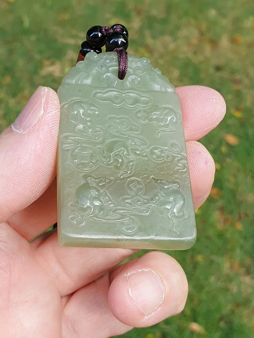 Natural Nephrite smoky greenish with smoky purplish 5 rats & Chinese ancient coins Jade pendant (with certificate) 和田玉烟青带烟紫五鼠铜钱(五鼠运财/五子登科)吊坠(带证书)
