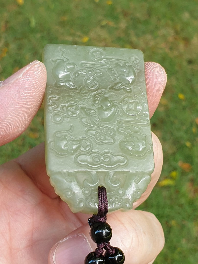 Natural Nephrite smoky greenish with smoky purplish 5 rats & Chinese ancient coins Jade pendant (with certificate) 和田玉烟青带烟紫五鼠铜钱(五鼠运财/五子登科)吊坠(带证书)