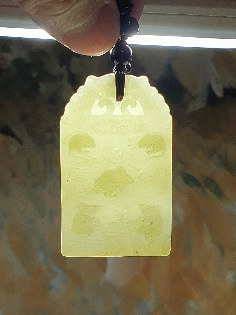Natural Nephrite smoky greenish with smoky purplish 5 rats & Chinese ancient coins Jade pendant (with certificate) 和田玉烟青带烟紫五鼠铜钱(五鼠运财/五子登科)吊坠(带证书)