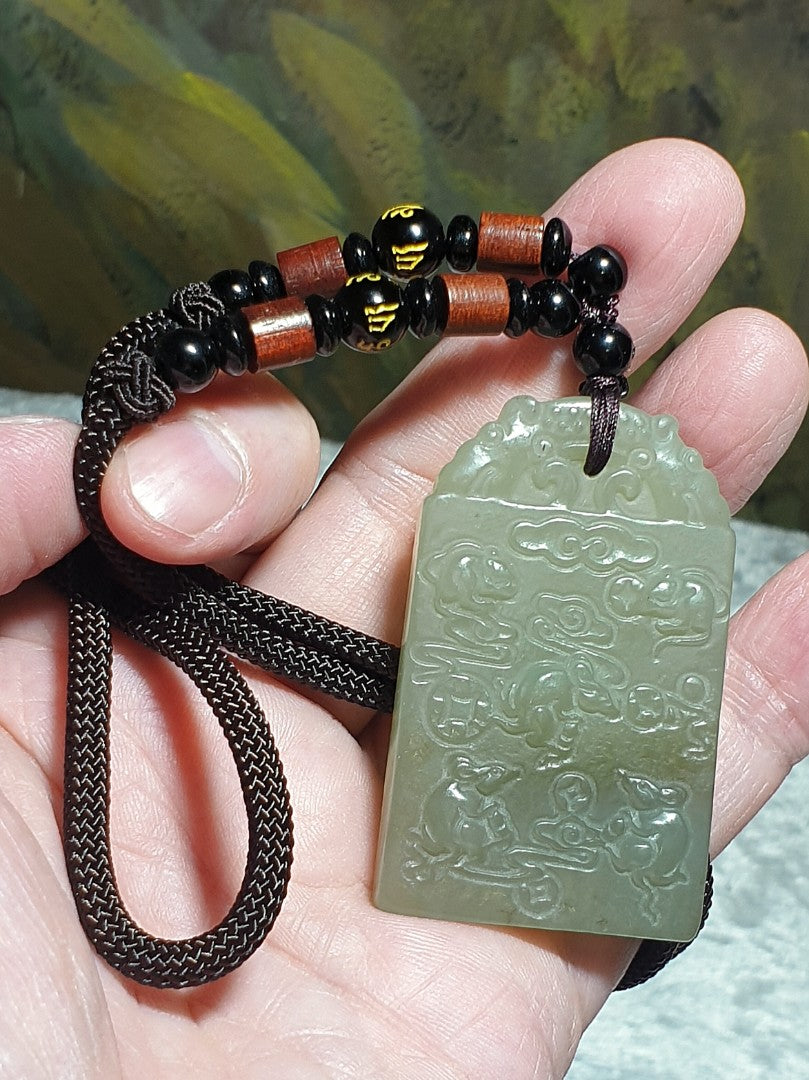 Natural Nephrite smoky greenish with smoky purplish 5 rats & Chinese ancient coins Jade pendant (with certificate) 和田玉烟青带烟紫五鼠铜钱(五鼠运财/五子登科)吊坠(带证书)