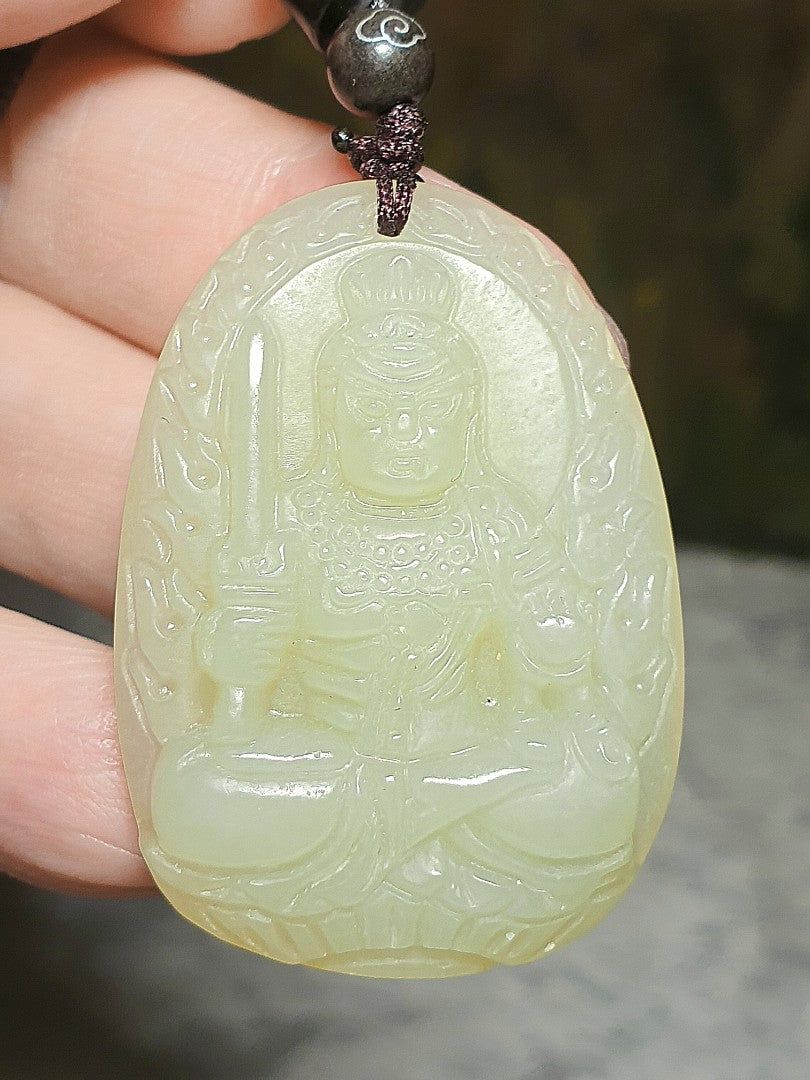 Nephrite light greenish with yellow hue Acalanātha/Acala (natal god for zodiac Rooster) pendant (with certificate) 和田玉高青白带微黄调不动明王(生肖鸡守护神)吊坠(带证书)