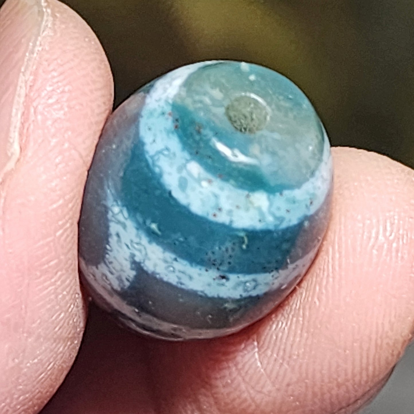 19.5mm Aged Tibetan Xang Xung (Zhang Zhung) Heaven & Earth Da Luo Dzi pendant blue hue red spots (with certificate) 藏传老矿象雄通体蓝沁微透细朱砂天地达洛天珠(带证书)