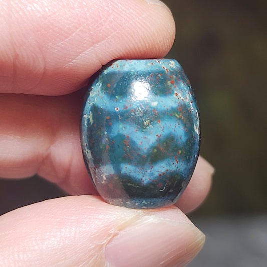 18.3mm Aged Tibetan Zhang Zhung Garuda Da Luo Dzi pendant blue hue red spots with natural pattern (with certificate) 藏传老矿通体蓝沁细朱砂帶天然图形大鹏金翅鸟达洛天珠(带证书)