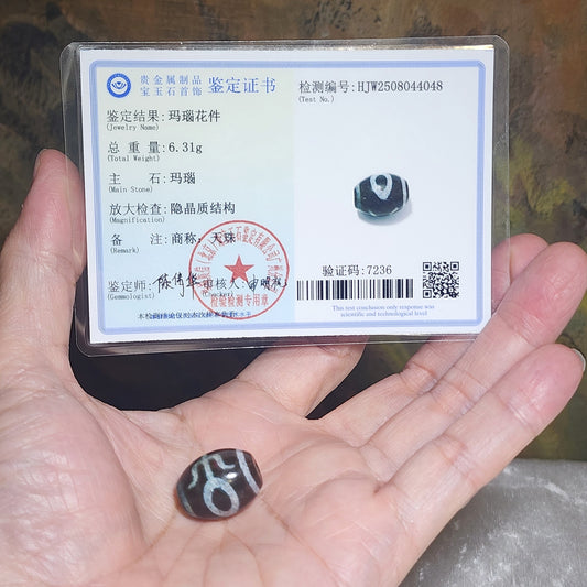 19.1mm Aged Tibetan Zhang Zhung Benefactor Savior Da Luo Dzi pendant lots of red spots with natural pattern (with certificate) 藏传老矿滿朱砂点贵人达洛天珠(带证书)