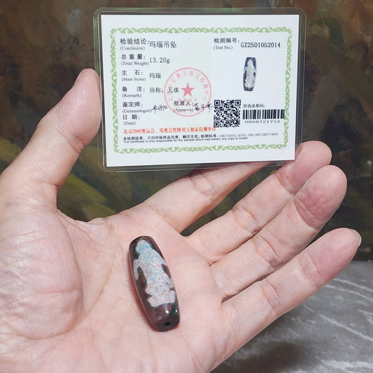 38.5mm Aged Tibetan Guan Yin Dzi pendant with lots of small red spots (with certificate, free necklace cord) 藏传老矿满細朱砂点观音天珠(带证书送项链绳)
