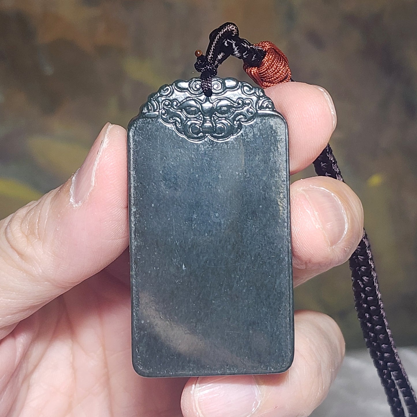 Nephrite Wu Shi Pai pendant deep green carved Pi Xiu on both side top edge (with certificate) 和田玉深青玉无事牌吊坠双面雕刻貔貅牌头(带证书)