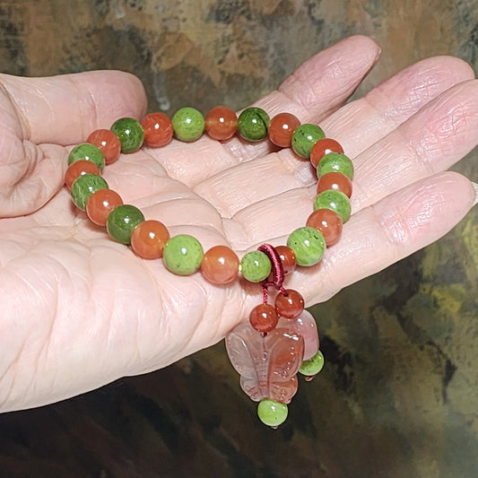 Gegegems Creation 8mm Canada apple green Nephrite with Jiu Kou Nan Hong and Yanyuan Agate bracelet [Natural Crystal] 精品加拿大和田玉苹果绿碧玉九口南红盐源玛瑙手链