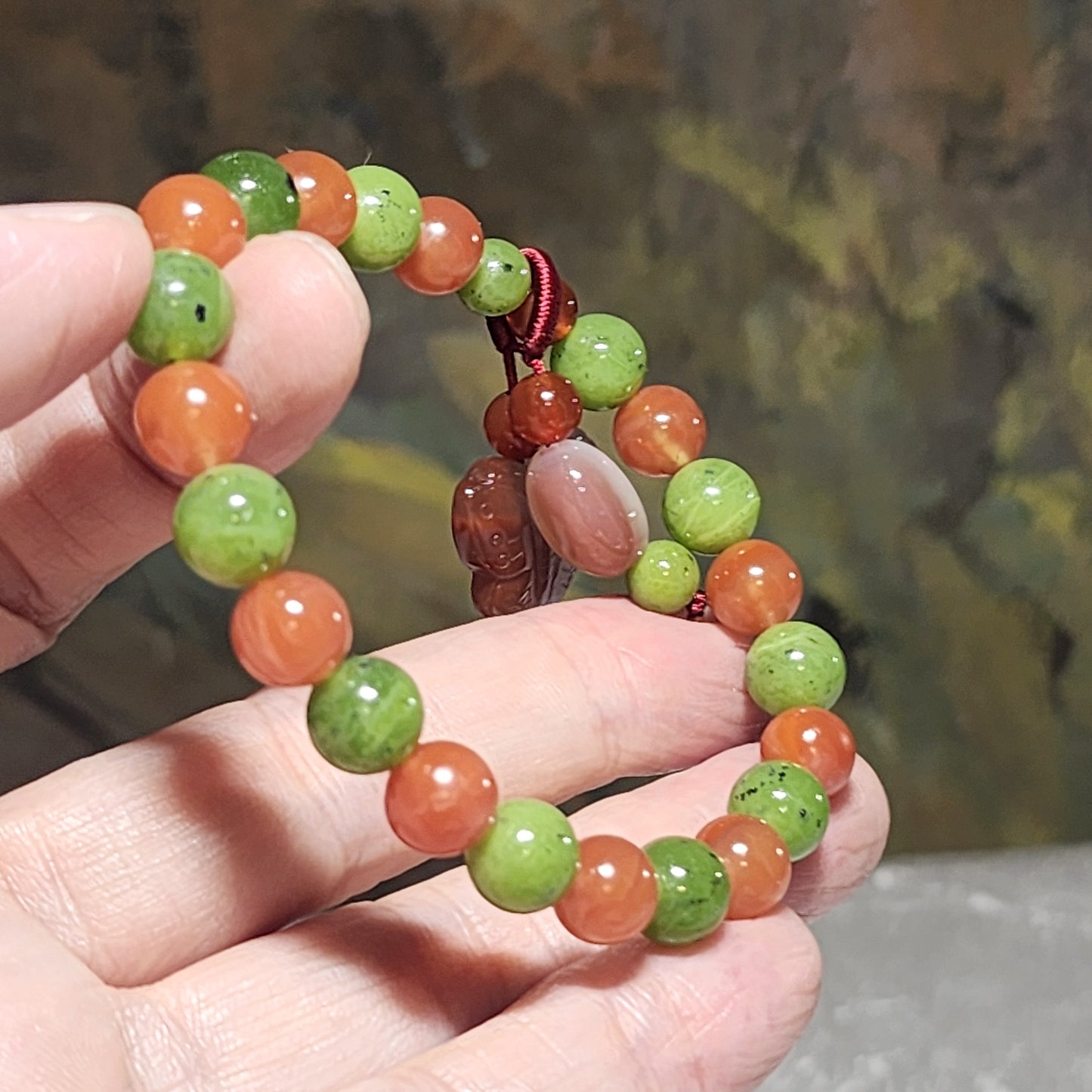 Gegegems Creation 8mm Canada apple green Nephrite with Jiu Kou Nan Hong and Yanyuan Agate bracelet [Natural Crystal] 精品加拿大和田玉苹果绿碧玉九口南红盐源玛瑙手链