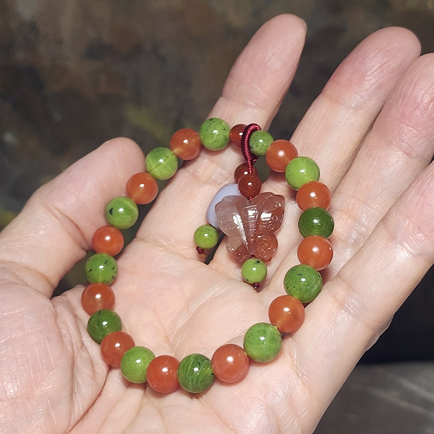 Gegegems Creation 8mm Canada apple green Nephrite with Jiu Kou Nan Hong and Yanyuan Agate bracelet [Natural Crystal] 精品加拿大和田玉苹果绿碧玉九口南红盐源玛瑙手链