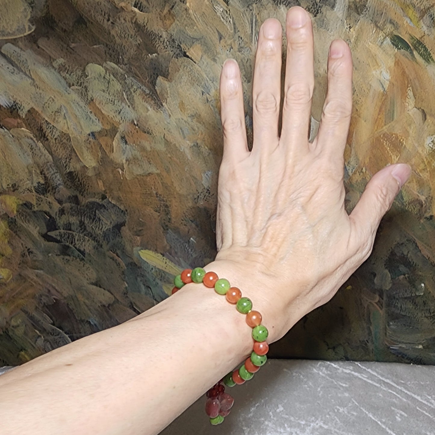 Gegegems Creation 8mm Canada apple green Nephrite with Jiu Kou Nan Hong and Yanyuan Agate bracelet [Natural Crystal] 精品加拿大和田玉苹果绿碧玉九口南红盐源玛瑙手链