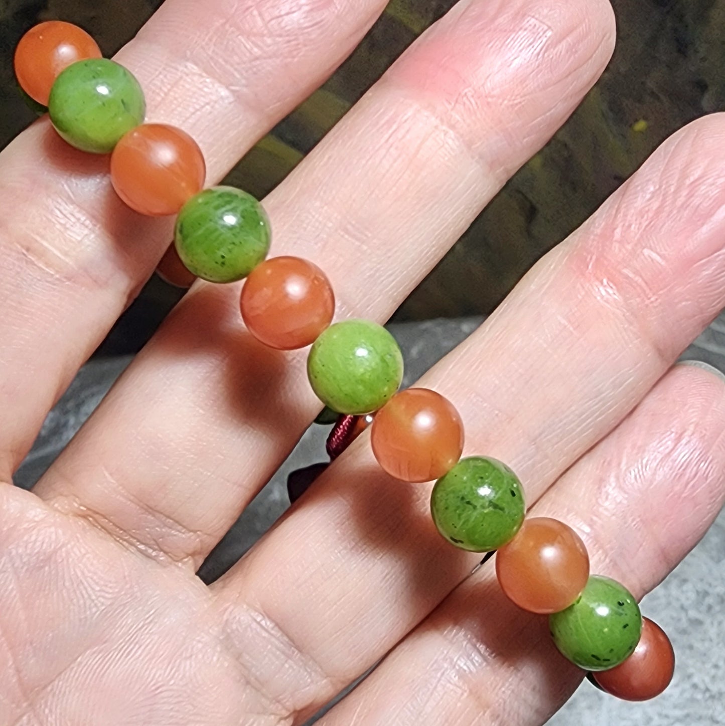 Gegegems Creation 8mm Canada apple green Nephrite with Jiu Kou Nan Hong and Yanyuan Agate bracelet [Natural Crystal] 精品加拿大和田玉苹果绿碧玉九口南红盐源玛瑙手链