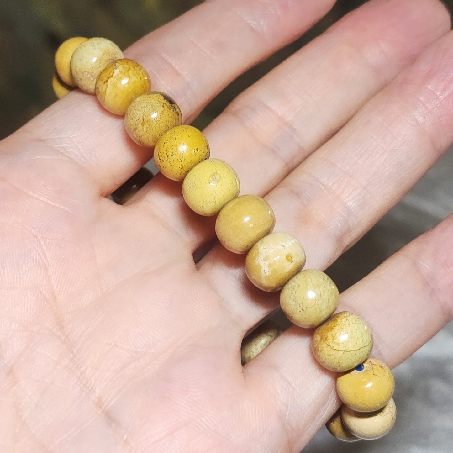 9.5mm+ Premium natural untreated Hubei Turquoise yellow green traditional old style beads bracelet  精品天然原矿湖北松石菜籽黄老型珠手链