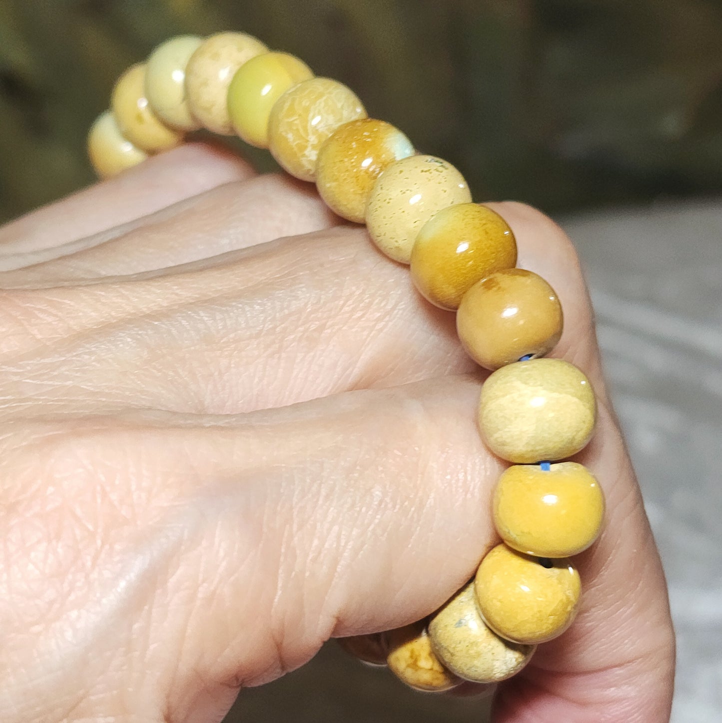 9.5mm+ Premium natural untreated Hubei Turquoise yellow green traditional old style beads bracelet  精品天然原矿湖北松石菜籽黄老型珠手链