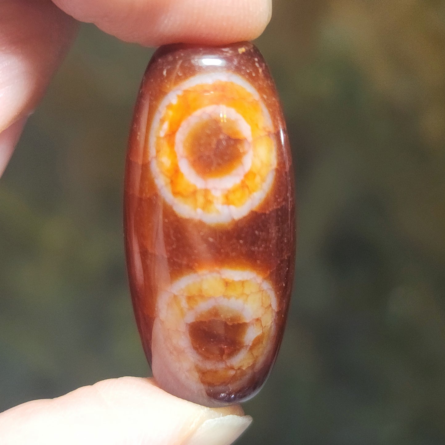 Aged Tibetan Red Chalcedony with "Blood Streak" Guan Yin 2 Eyes Dzi pendant (with certificate, free necklace string) 西藏老矿红玉髓“血丝”兩眼观音天珠(带证书 送项链绳)