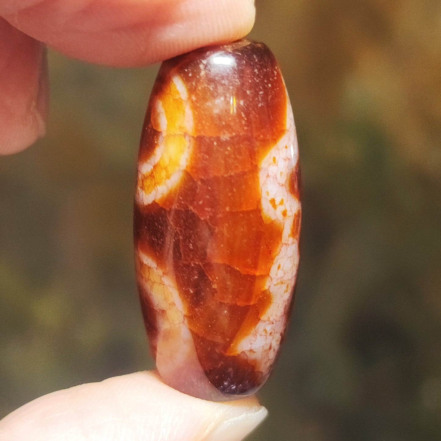 Aged Tibetan Red Chalcedony with "Blood Streak" Guan Yin 2 Eyes Dzi pendant (with certificate, free necklace string) 西藏老矿红玉髓“血丝”兩眼观音天珠(带证书 送项链绳)
