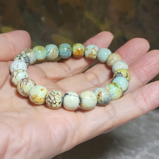 10mm+ Premium natural untreated Hubei Turquoise traditional old style beads bracelet [Natural Crystal] 26克天然原矿湖北松石老型珠手链