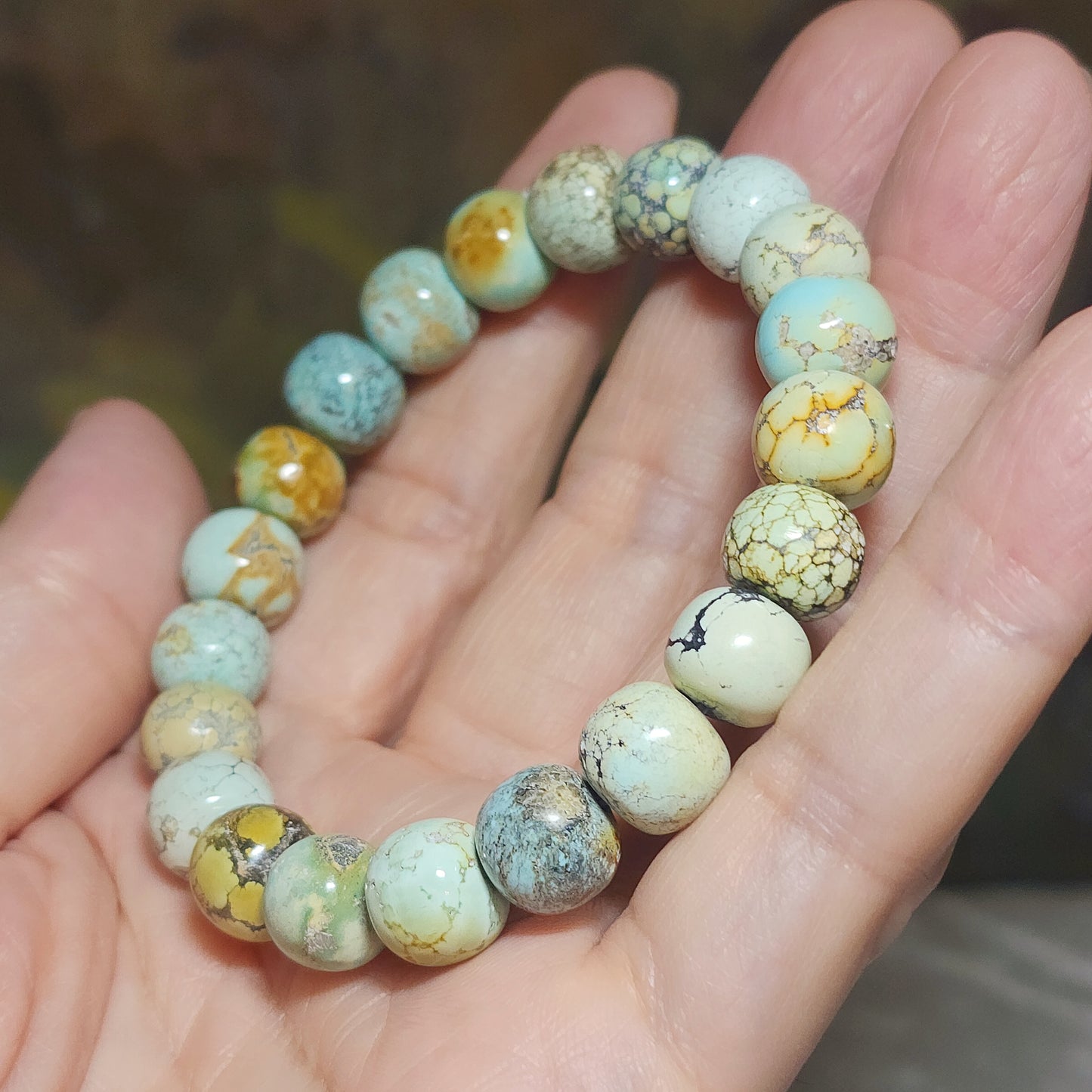 10mm+ Premium natural untreated Hubei Turquoise traditional old style beads bracelet [Natural Crystal] 26克天然原矿湖北松石老型珠手链