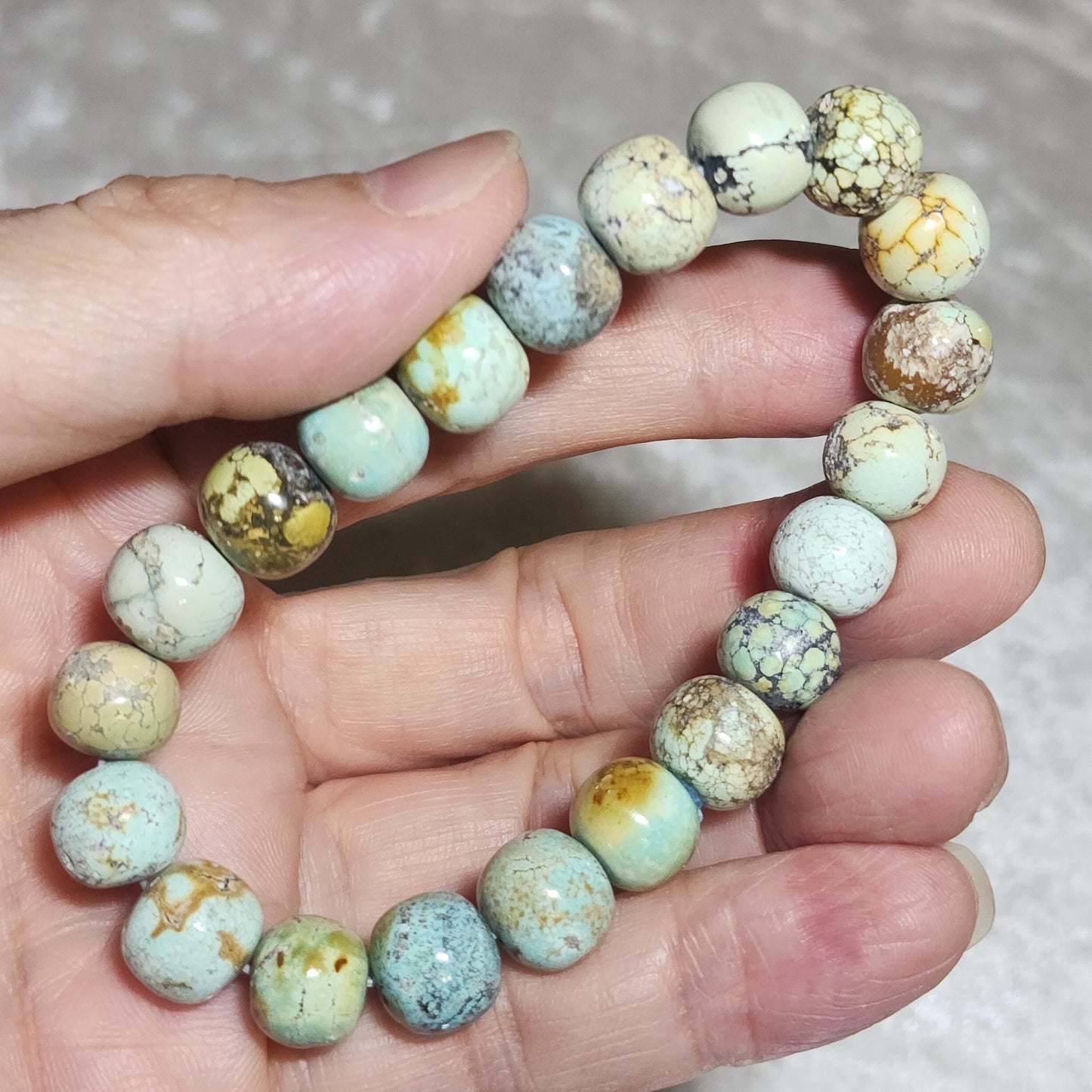 10mm+ Premium natural untreated Hubei Turquoise traditional old style beads bracelet [Natural Crystal] 26克天然原矿湖北松石老型珠手链