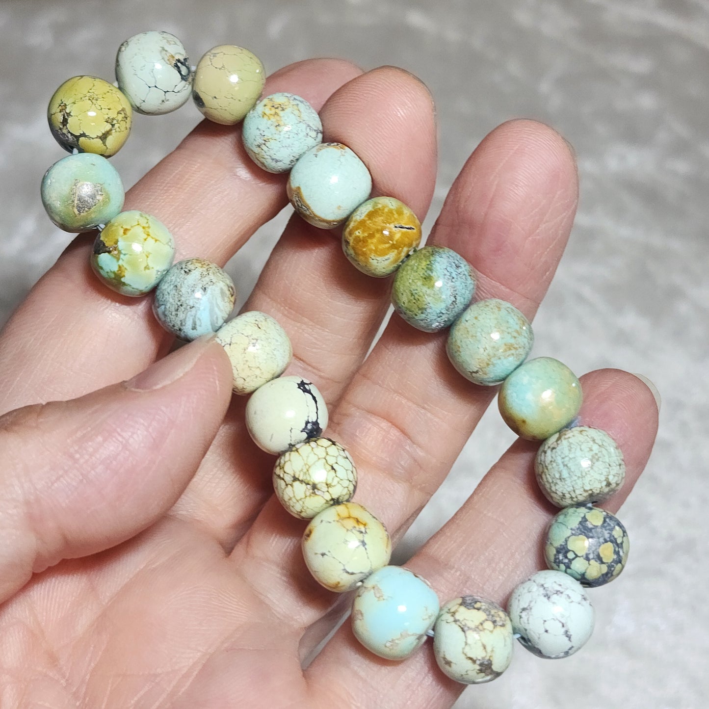 10mm+ Premium natural untreated Hubei Turquoise traditional old style beads bracelet [Natural Crystal] 26克天然原矿湖北松石老型珠手链