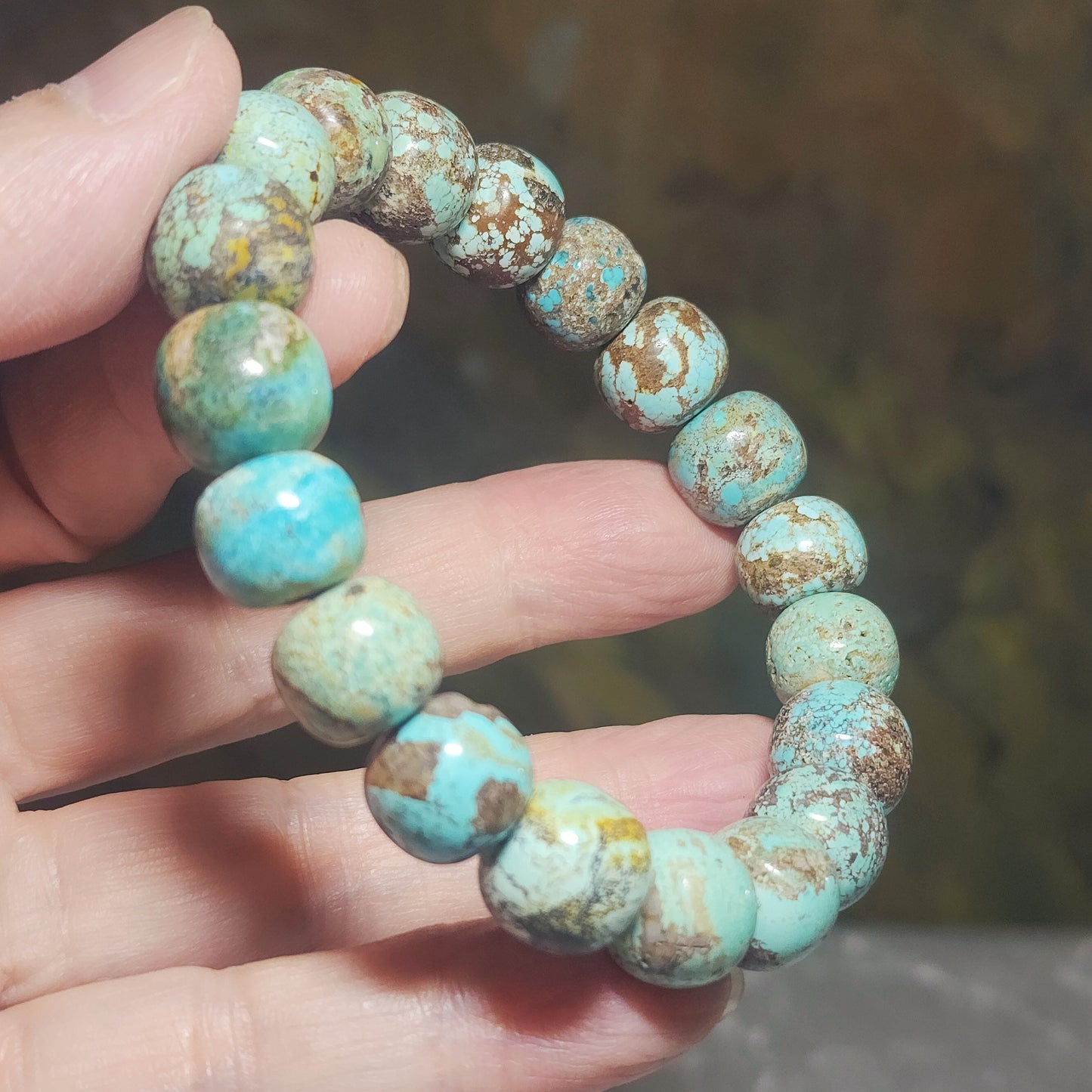 12mm+ Natural untreated Hubei Turquoise bluish green old style beads bracelet [Natural Crystal] 天然原矿湖北松石蓝绿老型珠手链