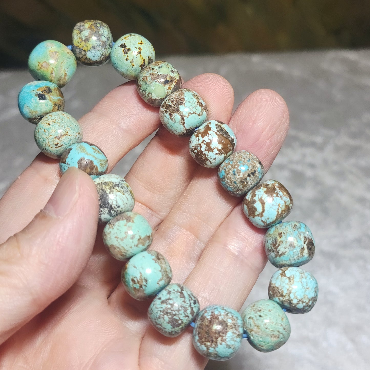 12mm+ Natural untreated Hubei Turquoise bluish green old style beads bracelet [Natural Crystal] 天然原矿湖北松石蓝绿老型珠手链